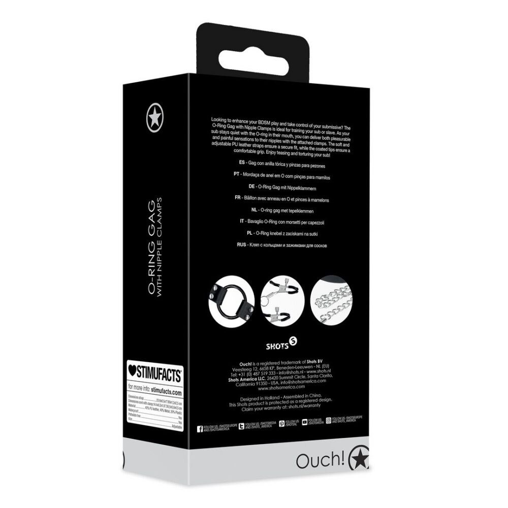 MORDAÇA COM ANEL E PINÇAS PARA OS MAMILOS PRETA OUCH! - Image 3